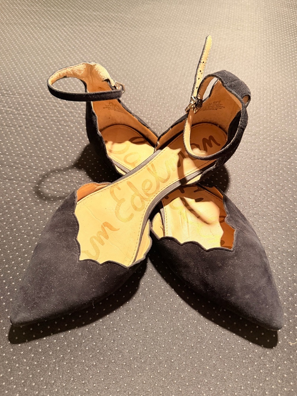 Sam Edelman Black Scallop-Edge Suede Ankle-Strap Flats